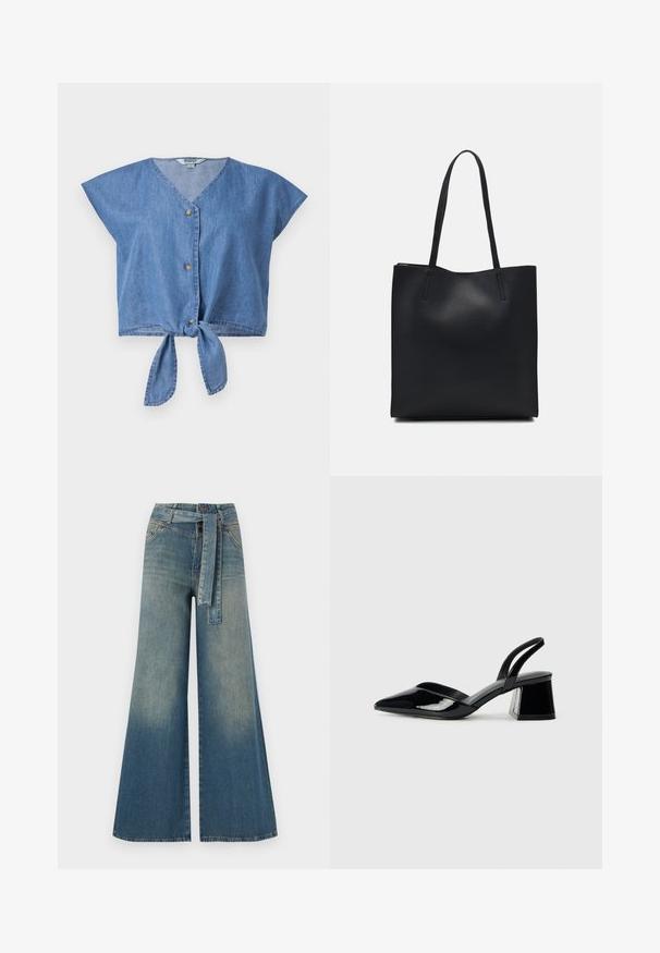 Jeanskratka bluzica v svetlo modri barvi, z V-izrezom, kratkimi rokavi, sprednjim gumbom in vozlom na robu. Gladka tekstura.; Široke jeans hlače z gradientom od svetlo do temno modre, visokim pasom, zankami za pas in pasom iz istega materiala. Tekstura denim končnica.; Črne lakirane slingback pete s koničastim nosom in geometrijsko blokasto peto. Imajo eleganten, minimalističen dizajn in gladko teksturo.; Črna usnjena torba s svilnato teksturo, pravokotne oblike in dvema dolgima ročajema. Brez vidnih metalnih delov ali okrasnih elementov.