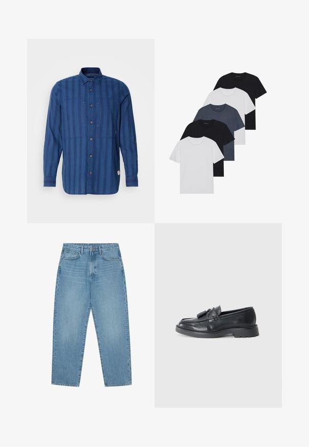 Modra črtasta majica z dolgimi rokavi, izdelana iz mehke tkanine, z gumbom spredaj, dvema žepoma na prsih in klasičnim ovratnikom.; Set petih majic v črni, beli in mornarsko modri barvi. Bombažni material, kratki rokavi, krojen vrh z okroglim izrezom ter enostavno teksturo brez vzorcev.; Svijetloplavi traper široki traperice s visokim strukom, s pet džepova, petljama za remen i mekom, pomalo izblijedjelom teksturom.; Črne usnjene loafers sandale z zaobljenim nosom, pasom s resicami in robustnim podplatom z vzorcem profila. Gladka tekstura in klasičen dizajn.