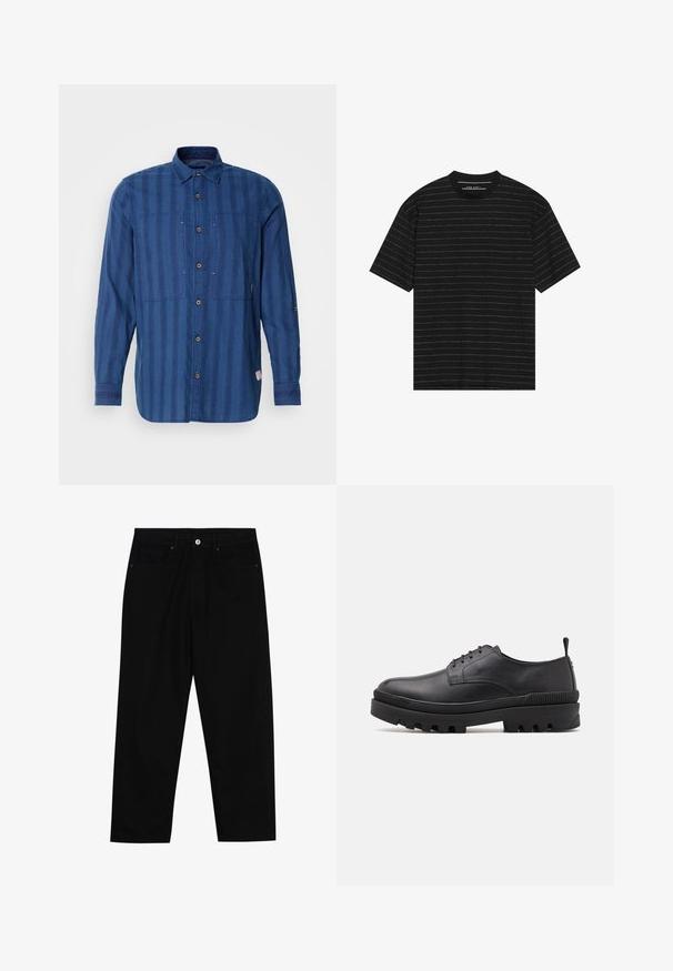 Kék csíkos, hosszú ujjú ing puha anyagból, gombos elülső résszel, két mellzsebből és klasszikus gallérral.; Fekete, rövid ujjú póló, vékony fehér vízszintes csíkokkal. Puha anyagból készült, kerek nyakkivágással és laza fazonnal.; Fekete farmernadrág, egyenes szabással, öt zsebből álló dizájnnal és elülső gombos záródással. Simább felület minimális varrási részletekkel.; Fekete bőr cipő lekerekített orral, fűzős kialakítással és vastag gumitalppal. A saroknál húzófül és texturált díszítések találhatók rajta.