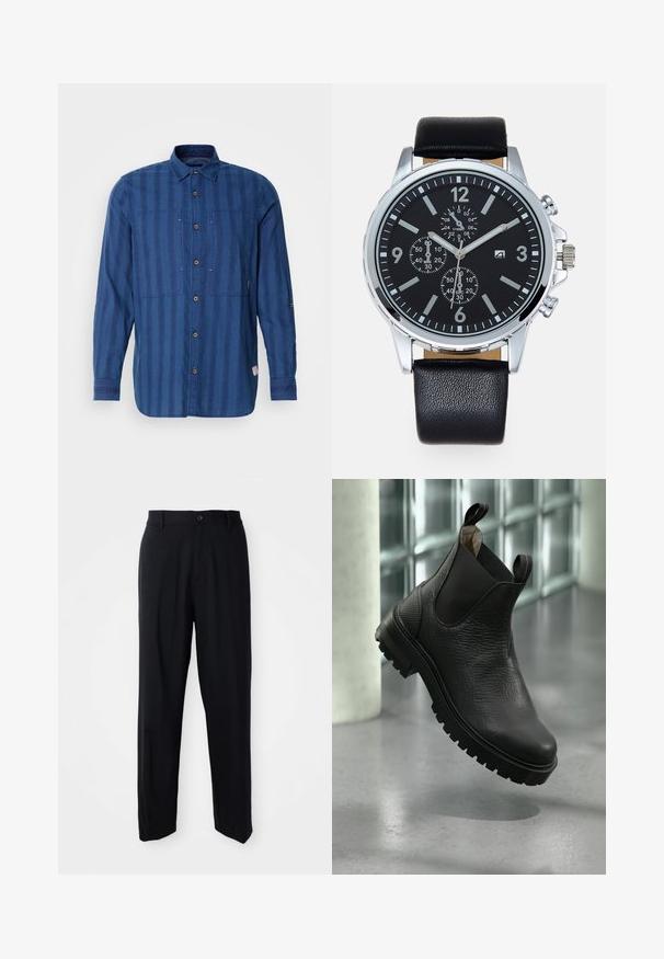 Blåstripet langermet skjorte laget av myk stoff, med knapplukking foran, to brystlommer og klassisk krage.; Sorte rett-bente bukser med beltehemper, knappeforing og et elegant, minimalistisk design på en nøytral bakgrunn.; Svarte lærstøvletter med teksturert overflate, elastiske sidepaneler og en robust gummisåle med markerte mønstre.; Sort skinnegget armbåndsur med et kabinett i sølv rustfritt stål. Den svarte skiven har hvite timeindekser, sølvfargede visere og tre undermeter.