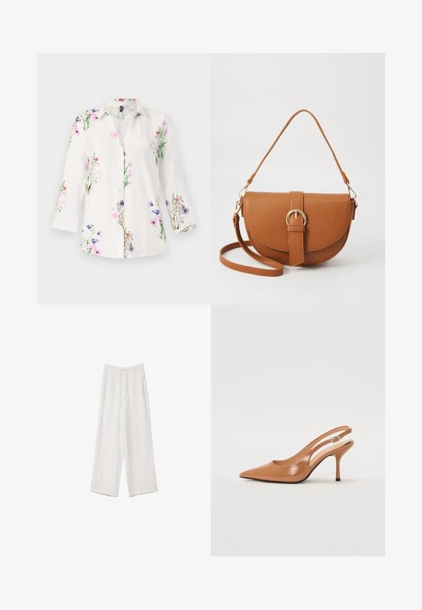 Vit skjorta med knappar och trekvartslånga ärmar, prydd med ett blommönster i rosa, blått och grönt. Lätt, texturerad tyg.; Vita vida byxor i vid passform gjorda av ett lättviktsmaterial. Har en elastisk midja med dragsko och sidofickor. Slät textur.; Tåspets slingback-häl i ett slätt, glansigt brunt material. Har en kurvad utskärning och en smal stilettklack. Silverdetalj med spänne.; Brun läder crossbody-väska med en böjd form, gyllene detaljer och en spänneaccent. Har en avtagbar axelrem.