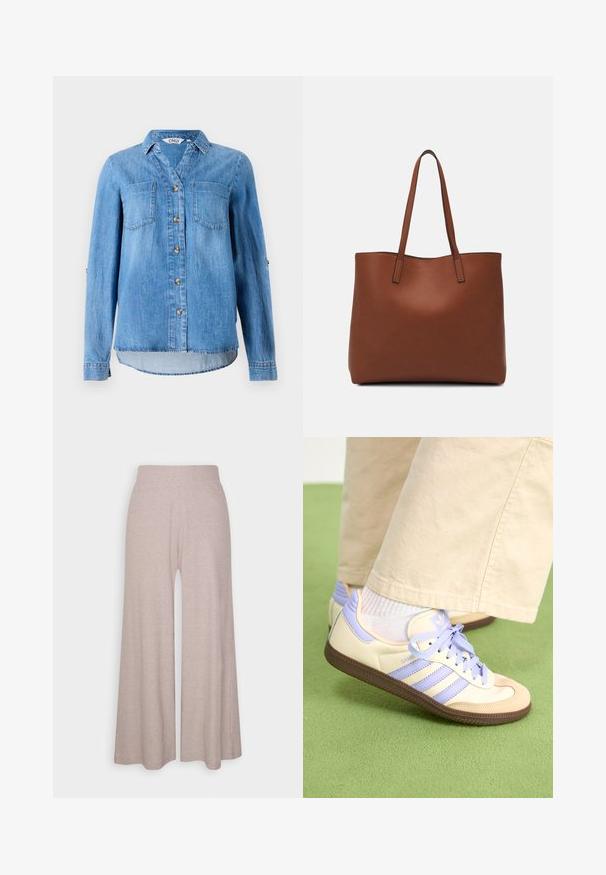 Light blue denim shirt featuring a button-down front, two chest pockets, and roll-up sleeves with button detail.; Light grey wide-leg trousers made of soft, ribbed fabric, featuring a high waistband and full-length legs with subtle texture.; Cream and lavender sneakers with three stripes and a textured brown sole, featuring laces and a padded heel. Soft fabric upper.; Brown leather tote bag with a smooth texture, open top design, and two shoulder straps. Features minimal stitching and no visible hardware.