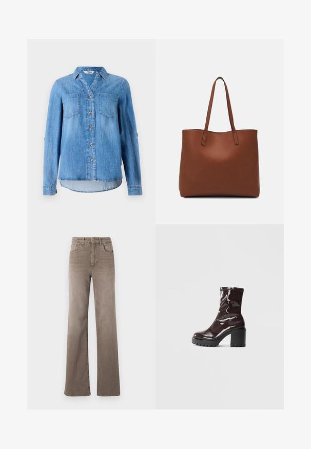 Light blue denim shirt featuring a button-down front, two chest pockets, and roll-up sleeves with button detail.; Brown high-waist straight-leg jeans with front button, belt loops, and classic five-pocket design on a white background.; Glossy burgundy ankle boot with a chunky black heel, featuring a smooth texture and simple design. No visible fastenings or patterns.; Brown leather tote bag with a smooth texture, open top design, and two shoulder straps. Features minimal stitching and no visible hardware.