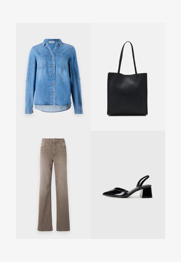 Light blue denim shirt featuring a button-down front, two chest pockets, and roll-up sleeves with button detail.; Brown high-waist straight-leg jeans with front button, belt loops, and classic five-pocket design on a white background.; Black patent leather slingback heels with a pointed toe and a geometric block heel. Features a sleek, minimal design and smooth texture.; Black leather tote bag with smooth texture, rectangular shape, and two long handles. No visible hardware or embellishments.