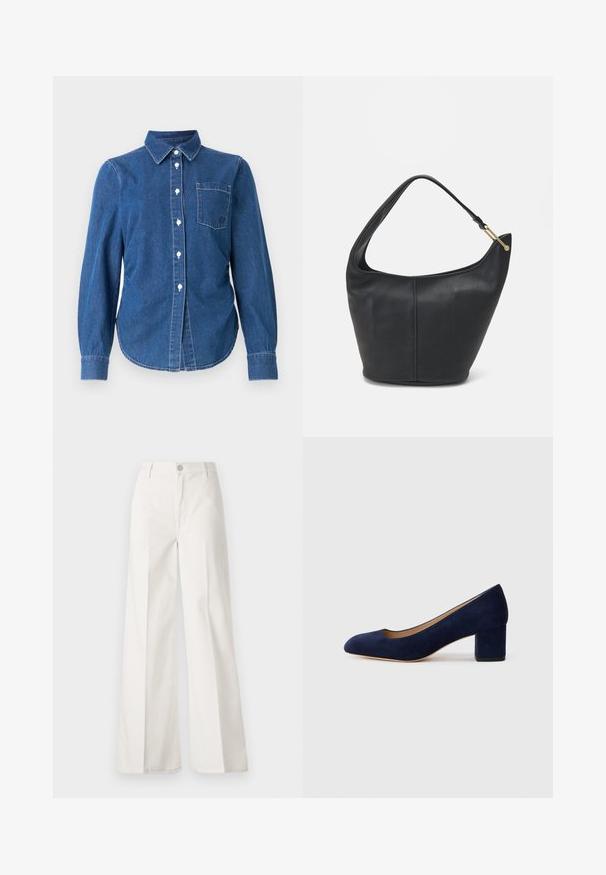 Denim button-down shirt in dark blue with long sleeves, a collar, a single chest pocket, and white buttons. Light stitching adds detail.; White wide-leg trousers made from cotton with a smooth texture. Features a front button, zipper fly, and four-pocket design.; Navy blue suede pump with a pointed toe and a mid-height block heel. Smooth texture with a subtle sheen and a small cutout at the front.; Black leather handbag with a rounded shape, a wide strap, and a textured finish. Features a subtle seam detail and a gold-tone hardware accent.