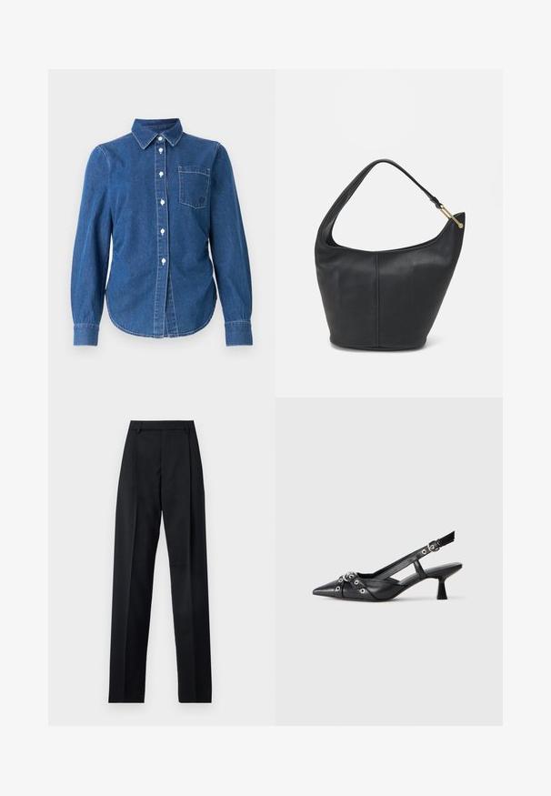 Jeansskjorta med knappar i mörkblått, lång ärm, krage, en bröstficka och vita knappar. Lätt sömnad ger detaljer.; Svarta byxor i mjukt tyg med hög midja, vida ben, framfickor och klassiska bältesöglor. Inga sidofickor synliga.; Svart lädersko med slingback-design, spetsig tå, dekorativa remmar med metallöglor och en låg klack. Texturerad yta.; Svart läderhandväska med rundad form, bred axelrem och texturerad yta. Har en diskret sömdetalj och accenter i guldton.