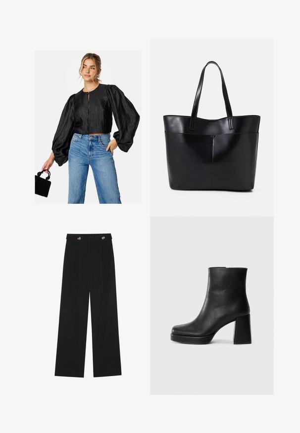 Schwarze, kurz geschnittene Bluse mit Puffärmeln, runder Ausschnitt und vorderem Verschluss. Kombiniert mit hellblauen, weiten Jeans und einer strukturierten schwarzen Tasche.; Schwarze weite Hosen mit hoher Taille, Knopfdetails am Bund und vorderen Falten.; Schwarze Leder-Stiefelette mit Blockabsatz und Plattformsohle, seitlich auf einem schlichten weißen Hintergrund betrachtet.; Schwarze Leder-Shopper-Tasche mit zwei langen Griffen, einer glatten Textur und einer strukturierten Form. Verfügt über eine Vordertasche für zusätzlichen Stauraum.