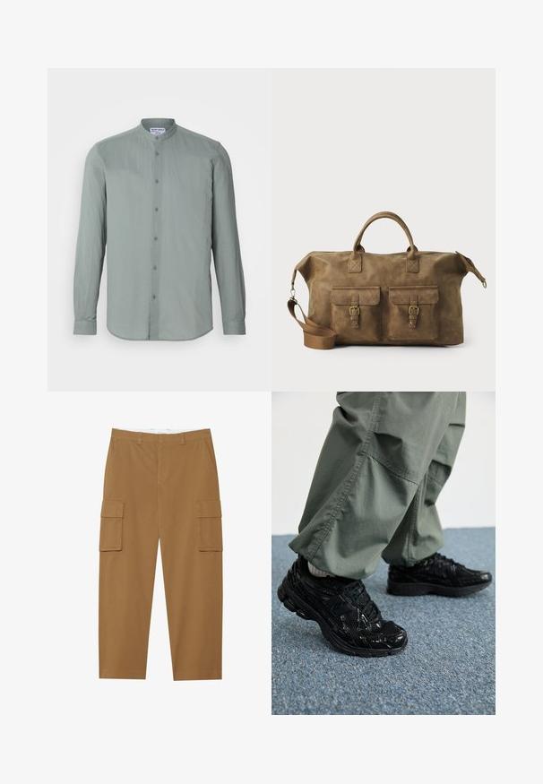 Camisa de manga longa, com botões, na cor verde claro, feita de um tecido texturizado. Possui colarinho em banda e linhas verticais subtis.; Calças cargo castanhas com dois bolsos laterais, frente plana e corte reto. Feitas de um tecido durável com uma textura suave.; Sapatilhas desportivas pretas com texturas brilhantes e de malha, apresentando uma sola grossa e atacadores, combinadas com calças cargo largas de cor verde-oliva.; Mala de viagem em couro castanho com dois bolsos frontais, alça de ombro ajustável, acessórios dourados e alças superiores robustas. Textura suave.