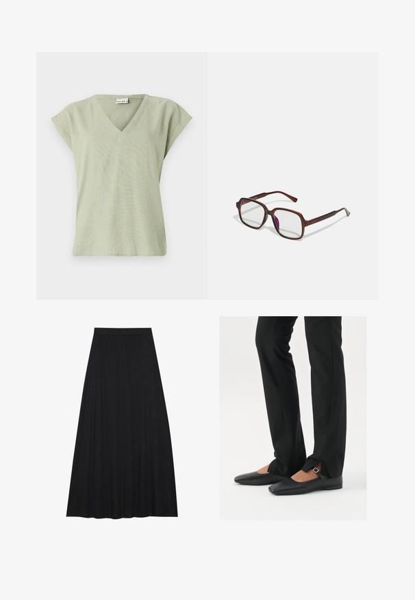 Gaiši zaļš V-veida kakla tops, īsas kapakaļas, brīvs piegriezums, mīksta tekstūra, vienkāršs dizains un tīrs apakšmala. Nav rakstu vai redzamu detaļu.; Melnā maxi svārki, izgatavoti no maiga, plūstoša auduma. Tam ir elastīga josta un pilna, A-līnijas siluets ar gludu tekstūru.; Melni ādas baleta zābaki ar smailo purngalu, siksniņa ar sudraba sprādzi, kombinēti ar melniem tailētiem biksēm ar šķēluma apakšdaļu.; Brūnas, taisnstūra formas brillēs ar caurspīdīgām lēcām un purpura nokrāsām. Gluda plastmasas apdare ar taisnām tempļiem un smalkiem akcentiem.; Sudraba riņķveida auss gredzeni ar gludu, pulētu apdari. Apaļa forma un drošs klikšķa augšējais slēgums. Viegls dizains, kas piemērots ikdienas valkāšanai.