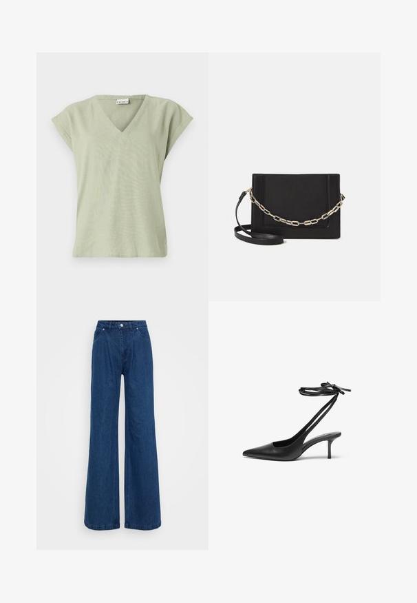 Világos zöld V-nyakú felső, rövid, ujjatlan ujjak, laza szabás, puha tapintás, egyszerű dizájn és tiszta szegés. Nincs mintázat vagy látható fémrész.; Magas derekú, széles lábú kék farmernadrág, elülső gomb- és cipzárzárral, valamint elülső és hátsó zsebekkel, sima háttér előtt.; Fekete bőrszárú stiletto cipő hegyes orral, nyitott hátsó résszel és masnira köthető bokapántokkal. Karcsú, 3 hüvelykes sarok. Simább textúrájú, minimalista dizájn.; Fekete bőr keresztpántos táska, sima textúrával, téglalap alakú és fém lánc részlettel az elején. Állítható pánttal ellátva.