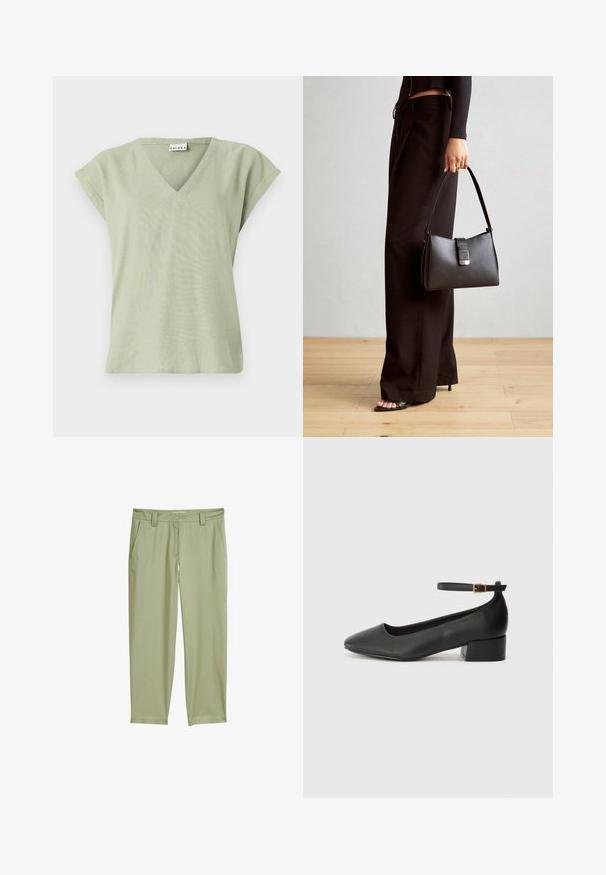 Jasnozielona bluzka z dekoltem w serek, krótkimi rękawami typu cap, luźny krój, miękka tekstura, prosty design i czysta linia dołu. Bez wzorów ani widocznych elementów metalowych.; Jasnozielone, lekkie bawełniane spodnie z prostymi nogawkami, przednimi kieszeniami i subtelnymi detalami w szwie. Brak widocznych zapięć lub zameków.; Czarne skórzane szpilki z ostrym noskiem i niskim słupkowym obcasem. Wyposażone w pasek na kostkę z złotym zapięciem. Gładka tekstura.; Czarna torebka o usztywnionym kształcie, gładkiej fakturze i metalowym zapięciem. Połączona z szerokimi czarnymi spodniami i sandałami na otwartym palcu na drewnianej podłodze.