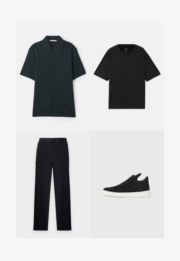 Tamnozelena kratki rukav košulja s gumbima izrađena od teksturiranog materijala s ovratnikom i suptilnim logotipom s lijeve strane.; Crna majica s kratkim rukavima koja sadrži teksturirani uzorak izmjeničnih 'A' logotipa i okrugli izrez. Napravljena od laganog materijala.; Crne hlače od lagane, teksturirane tkanine, ravnog kroja, s elastičnom gumicom u struku i bočnim džepovima sa zatvaračem.; Crne nubuk tenisice s bijelim gumenim potplatom, s toniranim šavovima i dizajnom vezanja. Glatka tekstura s modernim, strujnim oblikom.