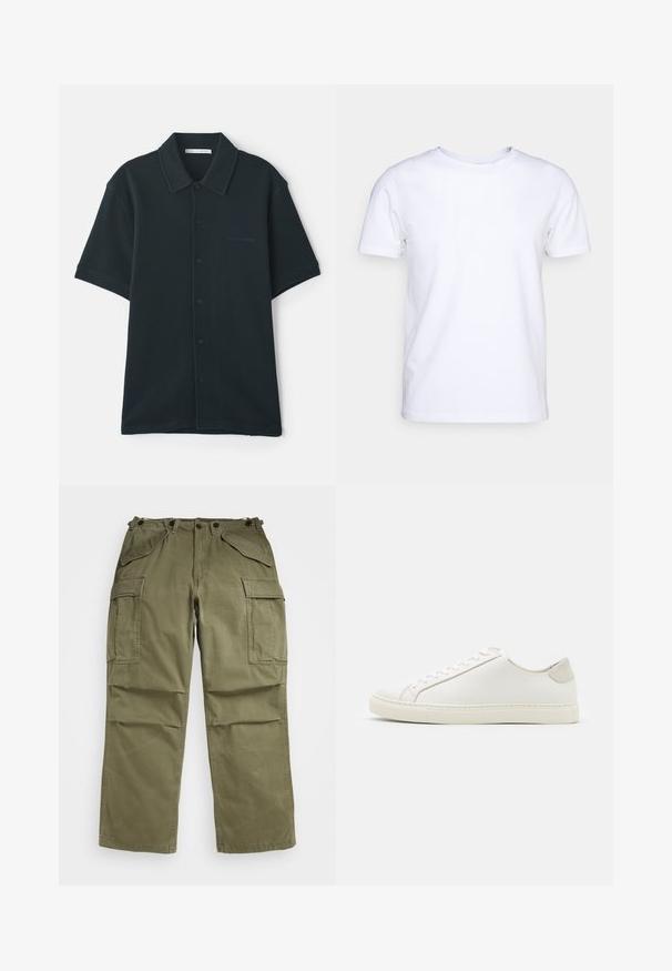 Camicia button-up verde scuro a maniche corte realizzata in tessuto testurizzato, con colletto e un logo sottile sul lato sinistro.; T-shirt bianca a maniche corte in cotone con scollatura rotonda. Design semplice senza fantasie o accenti. Texture liscia.; Pantaloni cargo verde oliva realizzati in tessuto strutturato, dotati di molteplici tasche frontali e laterali e di cuciture rinforzate sulle cuciture.; Sneaker bianca in pelle con superficie liscia, punta rotonda e design minimalista. Presenta dettagli beige sul tallone e una suola in gomma.