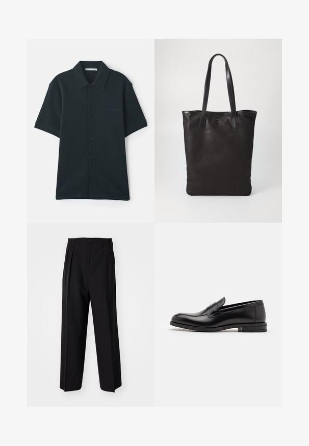 Mörkgrön, kortärmad skjorta med knappar som är tillverkad av texturerat tyg, med krage och en subtil logotyp på vänster sida.; Svarta plisserade byxor med en rak, bred bendesign. Tillverkade av ett slätt tyg, med knäppning fram och bälteshällor.; Svarta läderloafers med en slät yta, rund tå och ett dekorativt band över främre delen. Låg staplad klack, minimalistisk design.; Svart canvas toteväska med svarta läderhandtag. Enkel design, rymlig kropp och en slät textur. Inga synliga logotyper eller mönster.