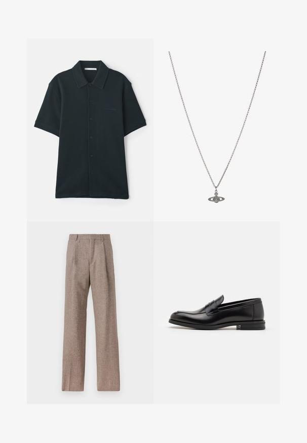 Temno zelena kratka srajca s kratkimi rokavi, izdelana iz teksturirane tkanine, s ovratnikom in diskretnim logotipom na levi strani.; Rjave hlače z visokim pasom, izdelane iz teksturirane tkanine. Imajo široke noge in dve sprednji pregibi za strukturo. Urejen zaključek brez vidne strojne opreme.; Črne usnjene loafer čevlje z gladko teksturo, zaobljenim nosom in dekorativnim trakom čez zgornji del. Nizka zložena peta, minimalističen dizajn.; Srebrna verižica z obeskom v obliki planeta, okrašena z majhnimi detajli in zapletenimi vzorci.