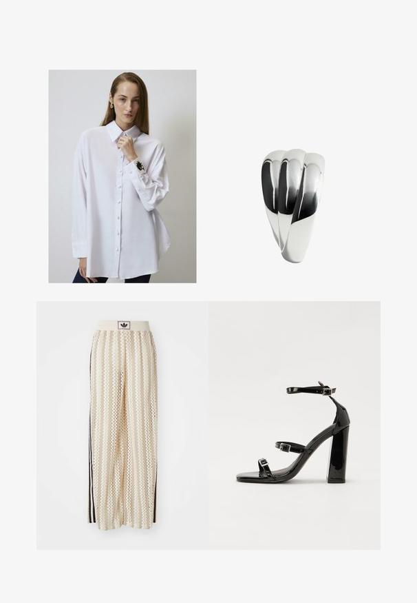 Touché Privé Overhemd - white; Crème kleurige wijde broek met een zigzagpatroon, met een zwarte logo tailleband en zij zwarte strepen. Lichtgewicht, gestructureerde stof.; Zwarte gepatenteerde sandalen met hak en een vierkante neus, enkelbandjes en zilveren gespen. Heeft een stevige blokhak voor stabiliteit.; Metalen ring met een gepolijste zilveren afwerking, bestaande uit drie verweven gebogen secties die een gladde, samenhangende vorm creëren.