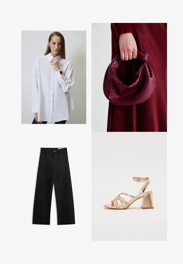Touché Privé Camicia - white; Pantaloni in denim neri a gamba larga con vita alta, dotati di tasche anteriori e posteriori, cuciture a punto, e chiusura con bottone. Texture liscia.; Sandali con tacco oro metallici caratterizzati da un design a strisce, tacco quadrato e cinturino regolabile alla caviglia con fibbia. Texture liscia.; Borsa in pelle bordeaux con un design morbido e arricciato e una forma arrotondata. Il manico è fissato, mostrando una texture liscia.