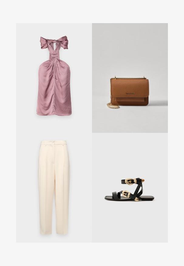 Helles rosa Halterkleid mit einer gebundenen Schleife am Hals, das geraffte Stoffdetails, eine glatte Textur und eine figurbetonte Silhouette aufweist.; Beige maßgeschneiderte Hose mit geradem Schnitt, mit Falten an der Vorderseite, einer glatten Textur und einer mittelhohen Taille. Keine sichtbaren Taschen.; Schwarze Ledersandalen mit goldenen Schnallenakzenten, die mehrere Riemen und ein flaches Sohlendesign für das Tragen mit offenen Zehen bieten.; Braune strukturierte Ledertasche mit goldener Kettenriemen und Klappenverschluss. Die Vorderseite zeigt ein Logo-Detail und eine Tasche unter der Klappe.
