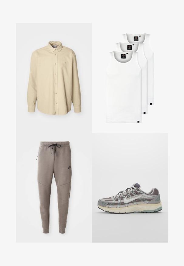 Beige langærmet knap-op skjorte lavet af blødt bomuld med en klassisk krave og en afrundet nederkant, prydet med et lille logo på brystet.; Tre hvide ribbede tanktops lavet af bomuld. Har en rund hals og små sorte mærker nær sømmen. Fås i flere størrelser.; Grå Nike joggingbukser med snoretræk i taljen, tapered ben, sidelommer og markante sømdetaljer. Blødt, struktureret stof.; Grå sportssko med overdel i mesh og ruskind, hvide accenter, en polstret sål og et særpræget design med reflekterende elementer.