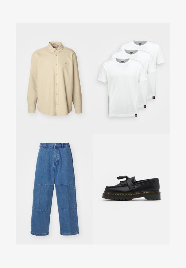 Beige Langarmhemd mit Knöpfen aus weicher Baumwolle, klassischem Kragen und abgerundetem Saum, mit einem kleinen Logo auf der Brust.; Drei schlichte weiße Baumwoll-T-Shirts mit kurzen Ärmeln. Jedes Shirt hat einen runden Ausschnitt und ein kleines schwarzes Logotipo auf der linken Seite.; Helle blaue Denim-Hose mit lässiger Passform, zwei unterschiedlichen Stoffpaneelen, einem Knopfverschluss vorne und weiter Beinöffnung.; Schwarze Lederloafers mit einem fransenverzierten Akzent, ausgestattet mit einer robusten schwarzen Sohle und gelber Naht entlang der Kante. Texturierte Oberfläche.