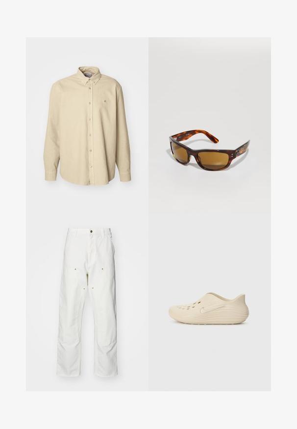 Beige lange mouwen knoopshirts gemaakt van zachte katoen met een klassieke kraag en een afgeronde zoom, met een klein logo op de borst.; Witte katoenen cargobroeken met een relaxte pasvorm. Kenmerken zijn onder andere voorzakken, gouden hardware accenten en versterkte kniezones.; Beige instapschoen met een gladde, glanzende afwerking, voorzien van zijopeningen voor ventilatie en een getextureerde, geribbelde hak. Zilveren logoaccent.;  Schildpadvormige zonnebril met bruine lenzen. Stijlvol rechthoekig montuur, gladde textuur, subtiele branding aan de zijkant en gebogen armen voor comfort.