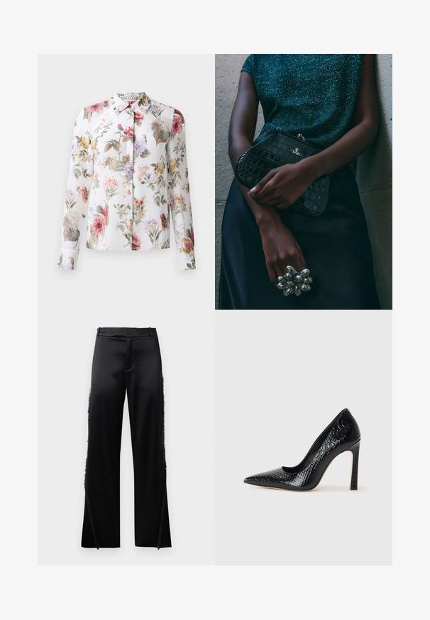 Virágos blúz hosszú ujjal, gombos elülső részel és fehér háttérrel. Rózsaszín, lila és sárga virágokkal, könnyű anyagon.; Fekete selyem nadrág, széles szárakkal, oldalsó varrásain frufru részletekkel és lapos elülső derékrészes. Egyszerű hátul zsebek nélkül.; Fekete hegyes orrú magassarkú cipő krokodilbőr textúrával, letisztult dizájnnal, magas tűsarkú és sima fekete belső résszel.; Fekete krokodilbőr mintázatú válltáska ezüst hardware-rel, egy texturált szürke háttér előtt tartva. Fényes felülettel rendelkezik.
