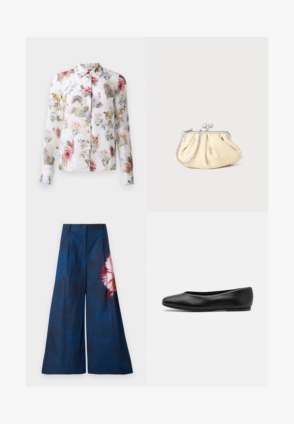 Floral blouse with long sleeves, button-down front, and a white background. Features pink, purple, and yellow flowers on a lightweight fabric.; Wide-leg trousers in dark navy fabric, featuring a floral print in pink and yellow on one side, with a button closure at the waist.; Paul Smith TOPANGA - Ballet pumps - black; Pleated beige leather clutch with a silver metal frame, featuring two round decorative clasps and a silver chain strap.
