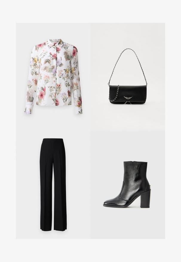 Ziedu blūze ar garām piedurknēm, pogu priekšpusi un balto fonu. Satur rozā, purpura un dzeltenas puķes uz viegla auduma.; Melni platleği bikses ar gludu tekstūru, ar augstu jostasvietu un centrālajām krokām. Nav redzamu rakstu vai aparatūras detaļu.; Melnas ādas potīšu zābaki ar gludu tekstūru, smailu purngalu un masīlu augstu papēdi. Iekļauts sānu atvērums un minimālistisks dizains.; Melnas ādas rokassomā ar sudraba ķēdes siksnu, kurai ir dekoratīvi spārnu akcenti un baltā šuvēšana apakšējā šuvē.
