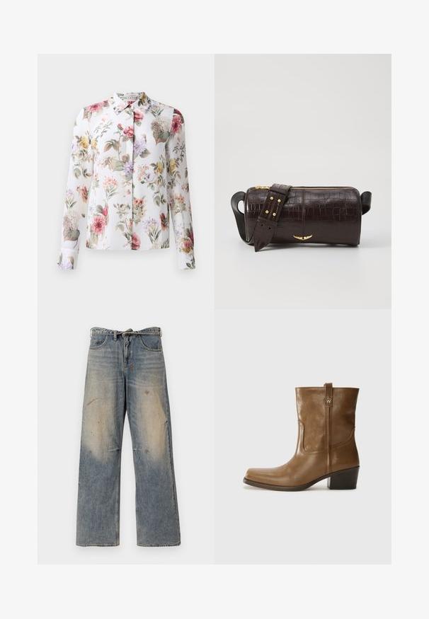 Cvetna bluzica z dolgimi rokavi, s sprednjim gumbom in belim ozadjem. Vsebuje rožnate, vijolične in Rumene rože na lahkem materialu.; Svijetloplave traperice s labavim ravnim krojem. Imaju izbledele detalje, tragove habanja i oštećenja u području koljena. Klasičan stil s pet džepova.; Rjave usnjene gležnjarje s kvadratnim nosom, teksturirano površino in nizko kvadratno peto. Imajo zadnji trak za enostavno obuvanje in subtilne šivane detajle.; Brah blaženka iz rjavega usnja z embosiranim krokodilom, cilindrične oblike, zlatih kovinskih elementov in odstranljivim pasom, ki vsebuje žebljičke.