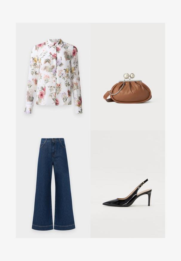Blumenbluse mit langen Ärmeln, Knopfleiste und weißem Hintergrund. Verziert mit rosa, lila und gelben Blumen auf einem leichten Stoff.; Weite blaue Jeans aus Denim mit hoher Taille, ausgestattet mit einem Knopfverschluss, Gürtelschlaufen und dezenten Stichdetails an den Taschen und Säumen.; Schwarz lackierte Slingback-Pumps mit spitzem Zehenbereich, schlankem Absatz und einem subtilen Ausschnittdesign. Verfügt über eine goldene Schnalle am Riemen.; Braune Leder-Clutch mit silbernem Kugelverschluss und einem kleinen silbernen Kettendetail auf weißem Hintergrund.