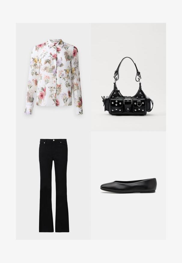 Blusa floral con mangas largas, cierre de botones en la parte delantera y un fondo blanco. Presenta flores rosas, moradas y amarillas sobre una tela ligera.; Pantalones vaqueros de talle ancho en negro, confeccionados en denim, con dos bolsillos frontales, cierre de botón y una textura suave. Costuras distintivas visibles en las costuras.; Paul Smith TOPANGA - Bailarinas - black; Bolso de mano de cuero negro con un diseño curvado, que cuenta con tachuelas plateadas, una hebilla y dos bolsillos laterales. Correa ajustable para opciones de transporte.