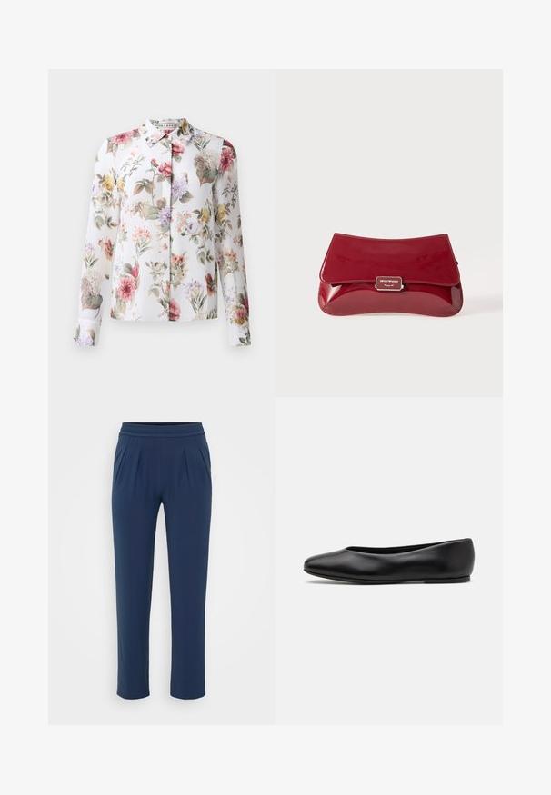 Blouse florale à manches longues, avec un devant à boutons et un fond blanc. Dotée de fleurs roses, violettes et jaunes sur un tissu léger.; Pantalons taille haute bleu marine avec une taille élastique, jambes larges droites et poches latérales, présentés sur un fond uni.; Paul Smith TOPANGA - Ballerines - black; Sac à main en cuir verni rouge avec un design incurvé, rabat pliable et un accent logo en métal sur une plaque en argent. Texture lisse et brillante.