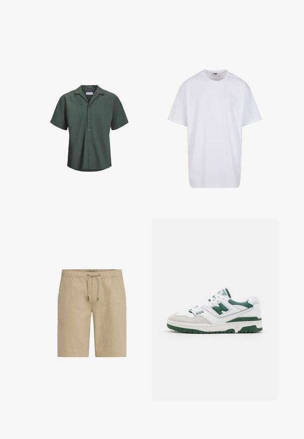 Camicetta a maniche corte di colore verde scuro, con un motivo rigato verticale texturizzato, colletto e chiusura frontale a sei bottoni.; Maglietta bianca in cotone con maniche corte, scollatura rotonda, vestibilità comoda e senza loghi o motivi visibili. Texture liscia e design minimale.; Pantaloni corti beige realizzati in tessuto morbido, con vita elasticizzata e coulisse, dotati di tasche laterali e caratterizzati da un taglio dritto.; Scarpa sportiva bianca con accenti verdi, in pelle e camoscio testurizzati, dettagli perforati, colletto imbottito e suola in gomma. Numero di modello 550.