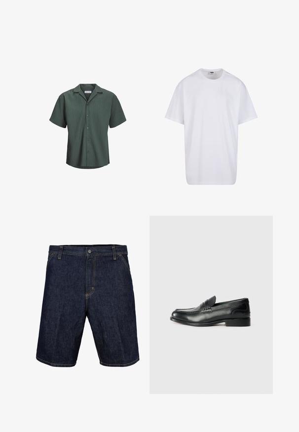 T-paita lyhyillä hihoilla tummanvihreänä, jossa on teksturoitu pystyribbivara, kaulus ja kuuden napin etuläppä.; Valkoinen puuvillainen t-paita, jossa on lyhyet hihat, pyöreä kaula-aukko, rento istuvuus ja ei näkyviä logoja tai kuvioita. Sileä pinta ja minimaalinen muotoilu.; Tummansiniset farkkushortsit, joissa on keltaista tikkausta, etunappi, vyölenkit ja sivutaskut. Sileä pinta, polven pituinen muotoilu.; Mustat nahka loafersit, joissa on sileä pinta, ommeltu yksityiskohta vampin yli ja hieman kohotettu korko.