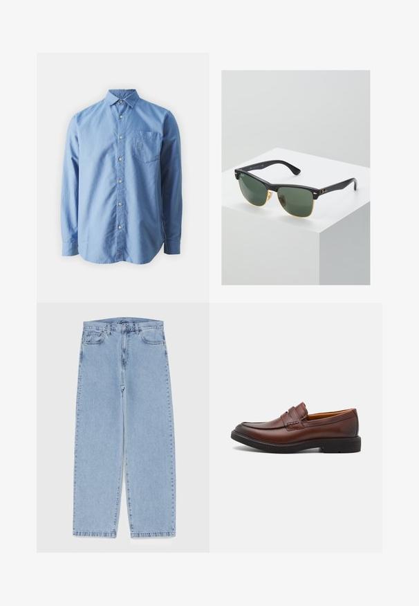 Lange mouwen, lichtblauw overhemd van katoen met een borstzak en geborduurd logo, met een klassieke kraag en gebogen zoom.; Witte katoenen tanktop met een ronde halslijn, brede schouderbanden en een rechte zoom, met een gladde textuur en zonder zichtbare patronen.; Lichtblauwe denim jeans met een recht model, voorzien van een middelhoge taille, vijf zakken en een knoop- en ritssluiting.; Bruine leren instappers met een ronde neus, decoratieve stiksels en een zwarte rubberen zool. Gladde textuur en minimale ontwerpelementen.; Ray-Ban zonnebrillen met groene lenzen, zwarte plastic monturen en gouden accenten aan de randen. Vierkante vorm met een matte afwerking.; Bruine lederen schoudertas met een platte voorflap, twee banden, gouden hardware-accenten en een verstelbare schouderband.
