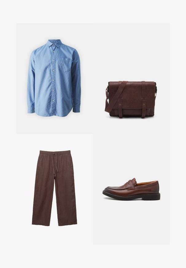 Langärmliges, hellblaues Baumwollhemd mit Knopfleiste, Brusttasche und gesticktem Logo. Es hat einen klassischen Kragen und einen abgerundeten Saum.; Braune Leinen-Hose mit weitem Bein und einem Kordelzugbund, ausgestattet mit zwei seitlichen Taschen und einem leichten, strukturierten Stoff.; Braune Lederloafer mit runder Zehenpartie, dekorativer Naht und schwarzer Gummisohle. Glatte Textur und minimale Designmerkmale.; Braune Leder-Umhängetasche mit einer flachen Vorderklappe, zwei Riemen, goldenen Hardware-Akzenten und einem verstellbaren Schultergurt.