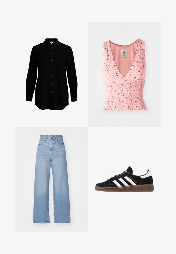 Czarna koszula z długim rękawem, z zapięciem na guziki z przodu, klasycznym kołnierzykiem i miękką teksturą materiału. Posiada subtelne tkaninowe detale i wąskie mankiety.; Różowa bezrękawnikowa bluzka z dekoltem w kształcie litery V, z marszczeniami i kwiecistym wzorem. Małe czerwone kwiaty rozmieszczone są na tle w groszki.; Jasnoniebieskie jeansy z wysokim stanem i szerokimi nogawkami, z zapięciem na guziki i zamek z przodu, przednie i tylne kieszenie, na białym tle.; Czarny sneaker Adidas z białymi paskami, złotym napisem "Spezial", gumową podeszwą i białym elementem przy pięcie, przedstawiony w widoku z profilu.