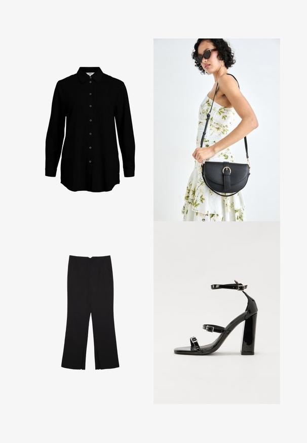 Schwarzes Langarmhemd mit durchgeknöpfter Front, klassischem Kragen und weicher Stoffstruktur. Mit feinen gewebten Details und schmalen Manschetten.; Schwarze Hose mit geradem Schnitt, ausgestattet mit Fronttaschen und Seitenschlitzen am Saum. Hergestellt aus weichem, glattem Stoff. Geeignet für verschiedene Anlässe.; Schwarze patentierte Sandalen mit Absatz, quadratischer Spitze, Knöchelriemen und silbernen Schnallen. Mit einem stabilen Blockabsatz für mehr Stabilität.; Schwarze Lederhandtasche mit geschwungener Form, abnehmbarem Tragegurt und goldenen Beschlägen. Die Tasche verfügt über einen Deckel mit einer Schnallen-Details.