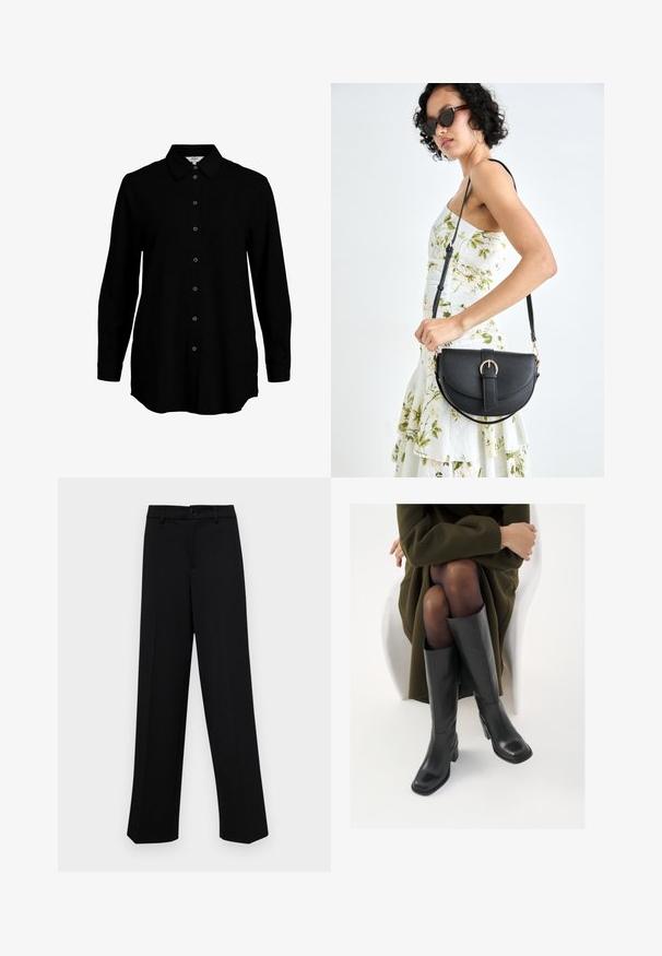 Musthave musta pikemate varrukatega särk, nupuga eesmine, klassikalise kraega ning pehme kangastektsiooniga. Üksikasjade hulka kuuluvad peened kootud detailid ja kitsad mansetid.; Musta laiad püksid siledast kangast, millel on klassikaline vöökoht, nööbiga sulgemine ja ees voldid.; Knee-high mustad nahast saapad nelinurkse varbaga ja plokilise kontsaga, esitatud mudeli kõrval, kes istub oliivirohelises mantlis. Sujuv tekstuur, minimaalne detailide arv.; Mustmust mustraha kõverate joontega, eemaldatava rihmaga ja kuldsete detailidega. Kotil on klapp, millel on pandladetail.