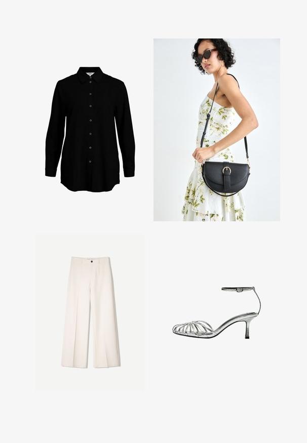 Černá dlouhá košile s knoflíkovou přední částí, klasickým límcem a měkkou texturou látky. Obsahuje jemný tkaný vzor a úzké manžety.; Krémové široké kalhoty s tailored designem, které mají dvě přední kapsy a jedno zapínání na knoflík vpředu, vyrobené z hladkého materiálu.; Stříbrné sandály na tenkém podpatku s nízkým podpatkem, které mají více křížících se pásků, pásek kolem kotníku s sponou a hladký, lesklý povrch.; Černá kožená kabelka s křivkovým tvarem, odnímatelným popruhem a zlatými detaily. Kabelka má klopu s přezkou.