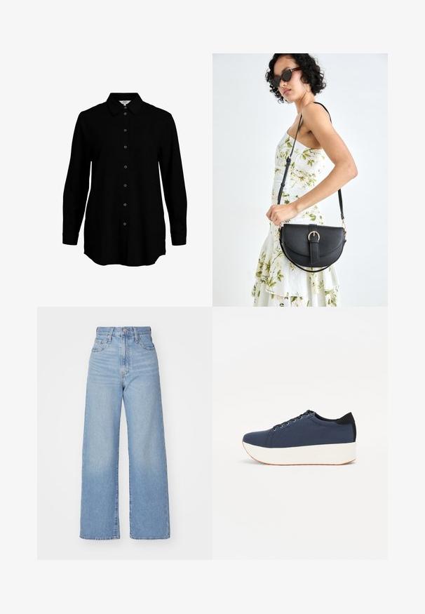 Czarna koszula z długim rękawem, z zapięciem na guziki z przodu, klasycznym kołnierzykiem i miękką teksturą materiału. Posiada subtelne tkaninowe detale i wąskie mankiety.; Jasnoniebieskie jeansy z wysokim stanem i szerokimi nogawkami, z zapięciem na guziki i zamek z przodu, przednie i tylne kieszenie, na białym tle.; Granatowe trampki z teksturowanej tkaniny, biała platforma, okrągły nosek i czarny akcent na pięcie. Posiadają sześć oczek na sznurówki.; Czarna skórzana torebka o zakrzywionym kształcie, z odpinanym paskiem i złotymi akcentami. Torebka posiada klapę z zapięciem w kształcie klamry.