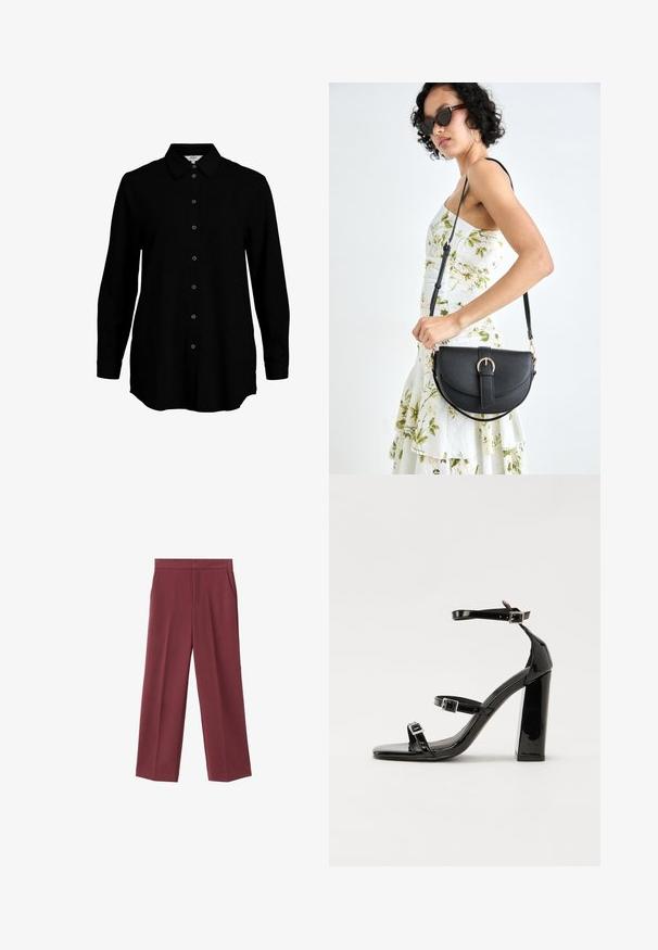 Czarna koszula z długim rękawem, z zapięciem na guziki z przodu, klasycznym kołnierzykiem i miękką teksturą materiału. Posiada subtelne tkaninowe detale i wąskie mankiety.; Bordowe spodnie typu wide-leg o gładkiej teksturze, z bocznymi kieszeniami i wysokim stanem. Skrojone z wyraźnym zagięciem z przodu.; Czarne lakierowane sandały na obcasie z kwadratowym noskiem, z paskami wokół kostki i srebrnymi klamrami. Posiadają masywny słupek dla stabilności.; Czarna skórzana torebka o zakrzywionym kształcie, z odpinanym paskiem i złotymi akcentami. Torebka posiada klapę z zapięciem w kształcie klamry.