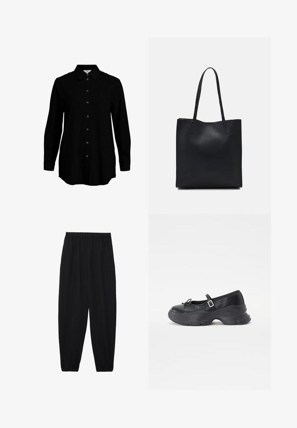 Black long-sleeve shirt with a buttoned front, classic collar, and soft fabric texture. Features subtle woven detail and narrow cuffs.; Black, lightweight pants with an elastic waistband and gathered ankles. The fabric is smooth and features a relaxed, tapered design.; Black leather Mary Jane shoe with a rounded toe, bow detail, and an adjustable ankle strap. Features a chunky rubber sole with curved accents.; Black leather tote bag with smooth texture, rectangular shape, and two long handles. No visible hardware or embellishments.