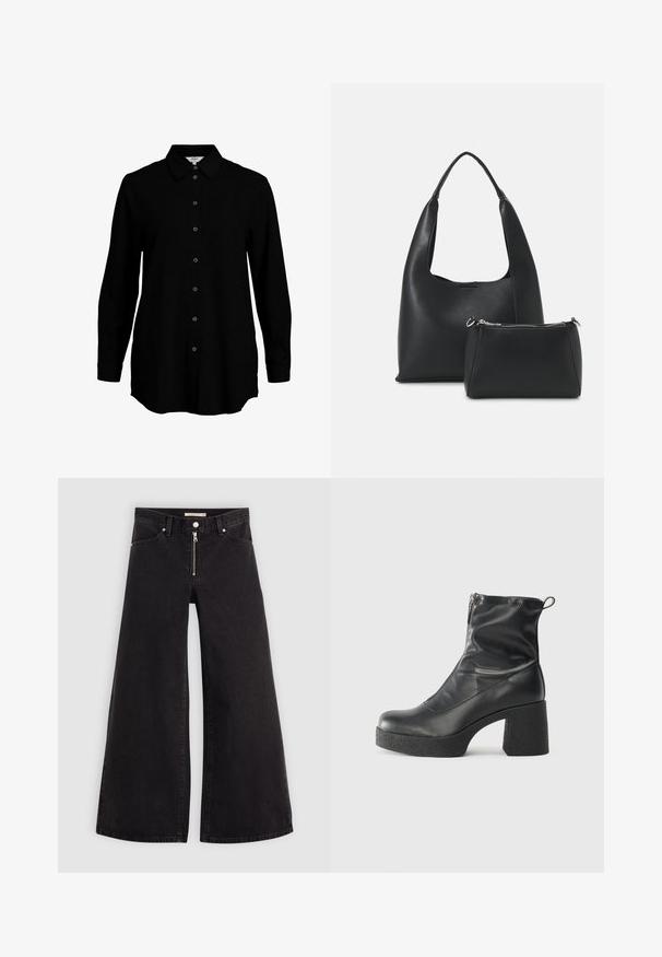 Chemise noire à manches longues avec un devant boutonné, col classique et texture de tissu douce. Présente des détails tissés discrets et des poignets étroits.; Jean large en denim noir avec une fermeture éclair à l'avant, un design à cinq poches et des détails de couture subtils. Texture lisse et style décontracté.; Bottes noires à la cheville en cuir lisse, dotées d'une fermeture éclair sur le côté, d'un talon épais texturé et d'une conception à bout rond.; Even&Odd SET - Sac à main - black