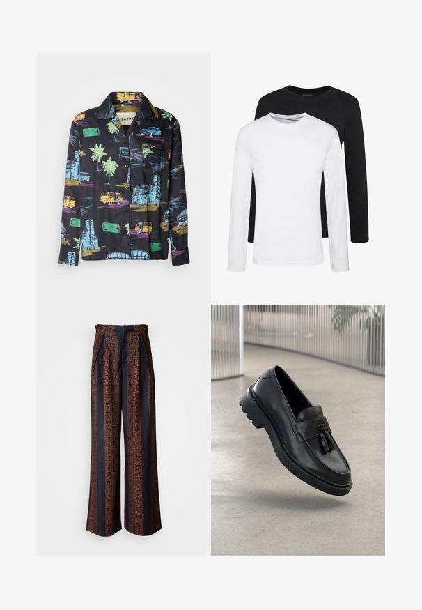Heathe EKO SHIRT - Ing - black; Két hosszúujjú ing, egy fekete és egy fehér, pamutból készült, kerek nyakkivágással és sima textúrával, egymásra rakva bemutatva.; Sötétkék anyagú, széles szárú nadrág, amelyen részletes narancssárga geometrikus minta látható, plissézett elejével és karcsúsított derékrészével.; Fekete bőrből készült mokaszinok sima felülettel, díszes bojttal, vastag gumitalppal és varrott részletekkel. Könnyű és elegáns kialakítás.