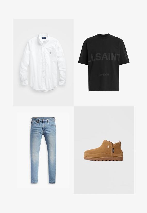 Bela dolg rokav srajca s gumbi iz bombaža. Ima klasičen ovratnik, gumbnice na zapestjih in majhen temno moder vezen logotip na prsih.; Črna oversize majica s短kimi rokavi z temno sivo napisano besedo "ALLSAINTS" čez prsi in "LONDON" v manjših črkah spodaj.; Svetlo modri oprijeti džins s blagim bledenjem na stegnenicah, sprednji gumbasti zapenjač, zanke za pas in pet žepov na belem ozadju.; Rjave semiš gležnjarji z gladko teksturo, šivani detajli in kavčukastim podplatom. Na strani imajo majhen bel logotip.