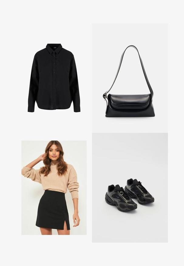 Zwarte lange mouwen blouse met knopen, gemaakt van katoen, met een klassieke kraag, voorknoopsluiting en een ontspannen pasvorm met een gebogen zoom.; Beige gebreide trui met geribde manchetten, gecombineerd met een zwarte minirok met een zijsplit. De outfit heeft een ontspannen maar toch getailleerde silhouette.; Zwarte sportieve schoenen van synthetisch materiaal, met gaasaccenten en ronde zolen. Beschikt over een vetersysteem en een opvallend Nike-logo op de tong.; Zwarte leren handtas met een gestructureerde vorm, een gladde textuur en een enkele schouderband. Heeft een subtiele, afgeronde klepontwerp.; Zilverkleurige Casio kwarts horloge met rechthoekige wijzerplaat, analoge en digitale displays, roestvrijstalen band en waterbestendige eigenschappen.