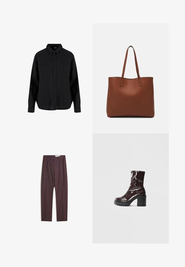 Cămașă neagră cu mâneci lungi, prevăzută cu nasturi, confecționată din bumbac, având un guler clasic, nasturi pe față și o croială lejeră cu o margine curbată.; Pantaloni purpurii cu dungi, cu pliuri, având talie înaltă și un croi drept. Confecționați dintr-un material neted, texturat.; Botine lucioase burgundy, cu toc gros negru, având o textură netedă și un design simplu. Fără închideri sau modele vizibile.; Geantă de umăr din piele maro cu o textură netedă, design cu vârf deschis și două curele pentru umăr. Prezintă cusături minime și fără componente metalice vizibile.