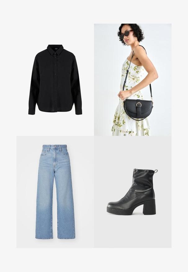 Camicia nera a maniche lunghe con bottoni, realizzata in cotone, caratterizzata da un colletto classico, bottoni frontali e una vestibilità rilassata con orlo curvo.; Jeans a vita alta blu chiaro con gamba larga, chiusura frontale con bottone e zip, tasche anteriori e posteriori, su uno sfondo bianco.; Stivali neri alla caviglia in pelle liscia, con zip laterale, tacco spesso e texture, e punta arrotondata.; Borsa a tracolla nera in pelle con una forma curva, manico rimovibile e accessori dorati. La borsa presenta una patta con un dettaglio a fibbia.