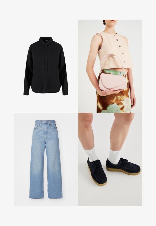 Cămașă neagră cu mâneci lungi, prevăzută cu nasturi, confecționată din bumbac, având un guler clasic, nasturi pe față și o croială lejeră cu o margine curbată.; Jeans cu talie înaltă, de culoare albastru deschis, cu croială largă, dotate cu nasture și fermoar la față, buzunare în față și spate, pe un fundal alb.; Pantofi din suede albastru marin, cu vârful rotund, design cu șireturi și talpă din cauciuc de culoare crem. Asortați cu șosete albe cu bandă în relief.; Geantă de piele roz cu clapetă curbată, curea simplă pentru umăr și linii curate. Geanta prezintă o textură netedă și un design minimalistic.